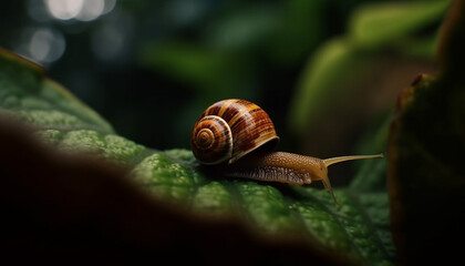 Slimy snail crawling on green leaf outdoors generated by AI