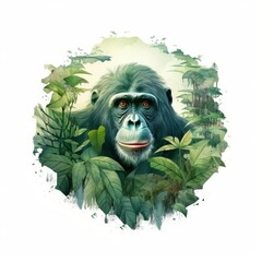 Circular image of a monkey in the middle of the jungle, animal conservation concept, white background