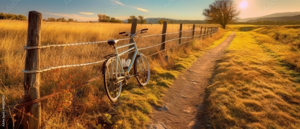 Poster bicycle laying on a path in a field near a fence generative ai