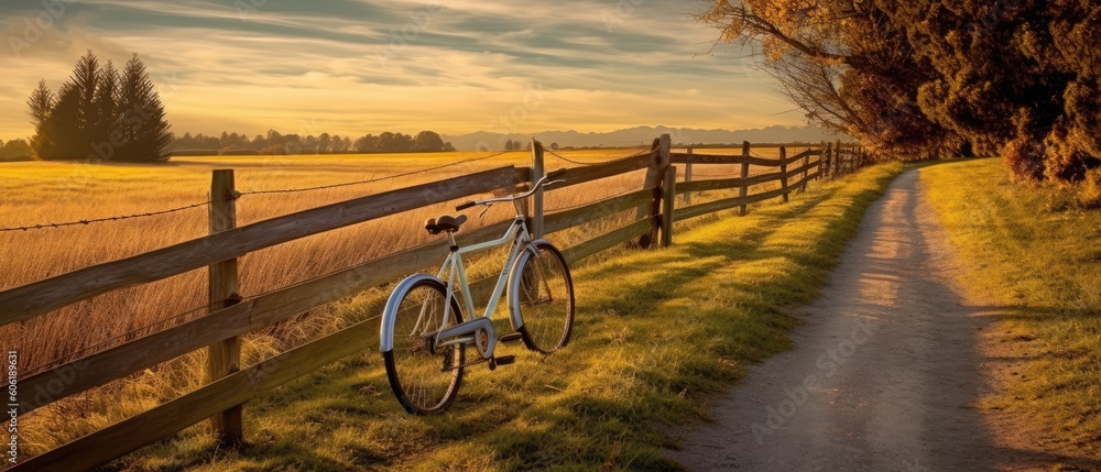 Poster bicycle laying on a path in a field near a fence generative ai