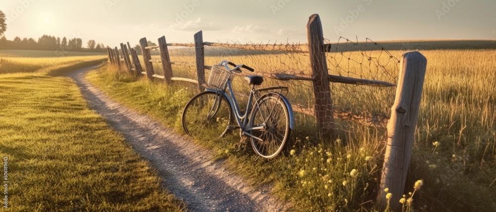 Poster bicycle laying on a path in a field near a fence generative ai