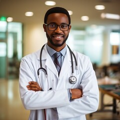 african american Doctor Man With Stethoscope In Hospital. Web banner style. Generative AI