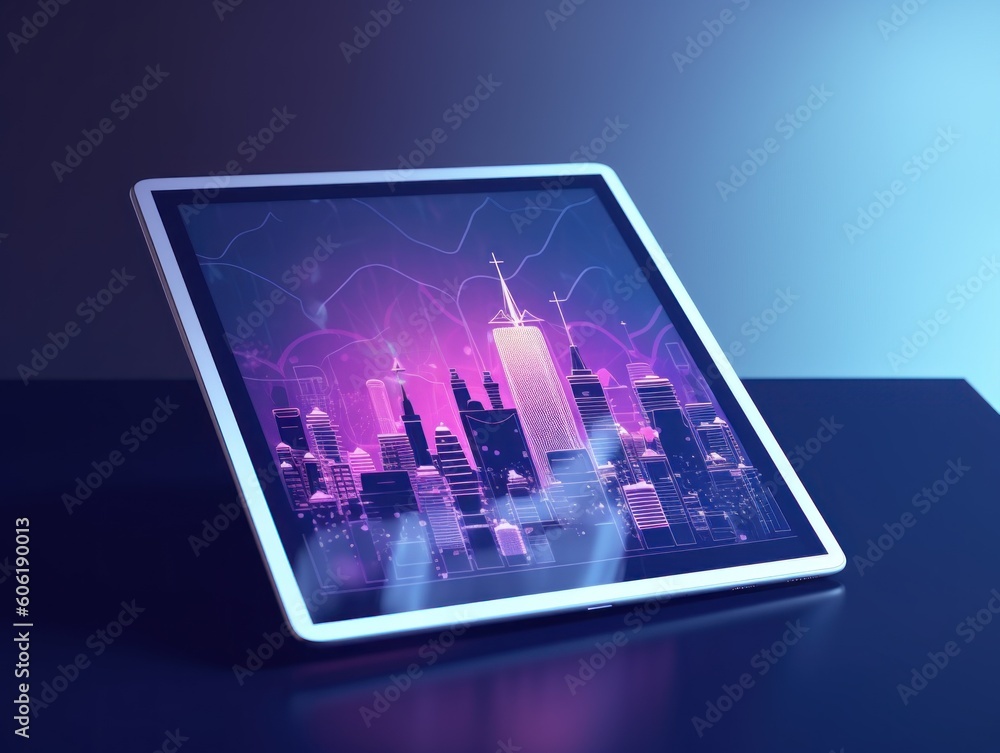 Poster a tablet computer sitting on top of a table. ai generative image.