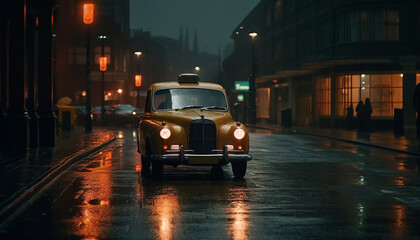 Fototapeta premium Shiny yellow vintage car speeds through city generated by AI