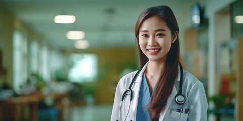 Asian doctor Woman With Stethoscope In Hospital. Generative AI