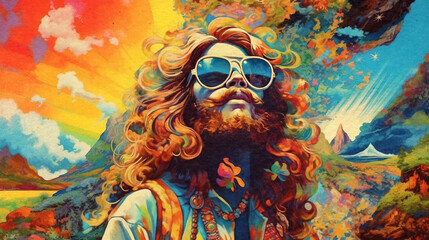 colorful power flower painting of a bearded hippie with long hair - generative AI