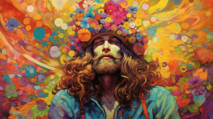 colorful power flower painting of a bearded hippie with long hair - generative AI