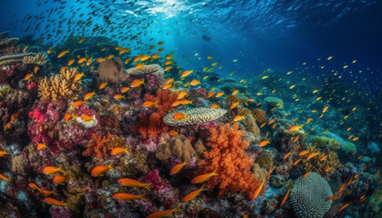 Fototapeta na wymiar Multi colored fish swim in tropical coral reef generated by AI