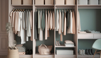 Fashionable clothing collection arranged neatly on modern shelves generated by AI