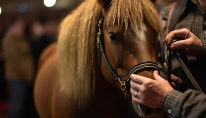 Thoroughbred stallion close up portrait, jockey riding generated by AI