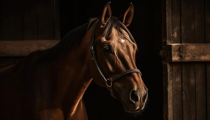 Thoroughbred stallion grazing in rural meadow beauty generated by AI