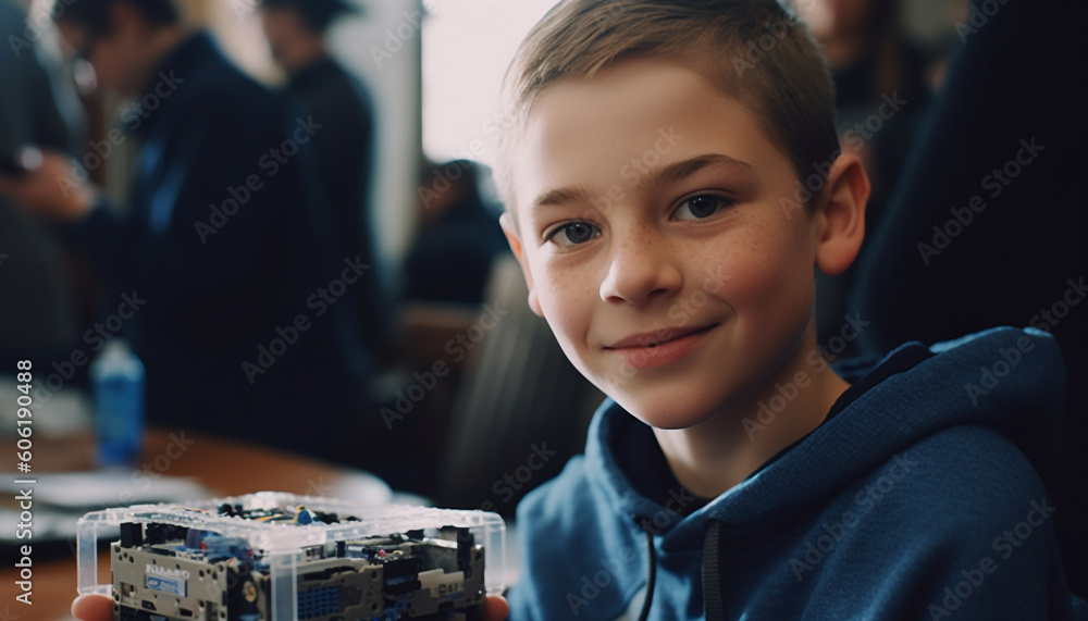 Poster smiling schoolboy studying science on computer indoors generated by ai