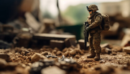 Toy soldiers aim rifles on plastic battlefield generated by AI