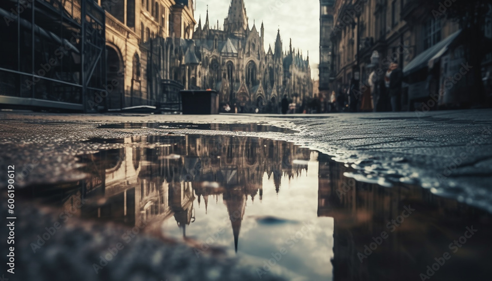 Poster gothic architecture reflects in wet canal at dusk generated by ai