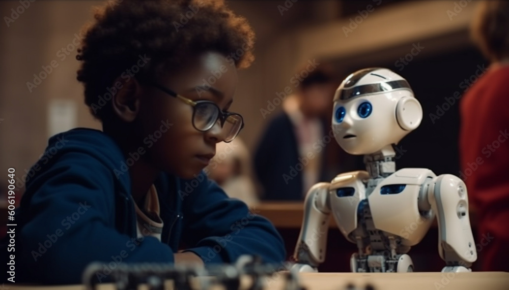 Poster two boys working on robotics project indoors generated by ai