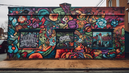 Vibrant colors illuminate cityscape in modern graffiti mural generated by AI