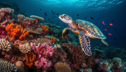 Multi colored sea life swims in tropical reef generated by AI