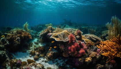Fototapeta premium Multi colored fish swim in tropical coral reef generated by AI