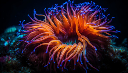 Naklejka na ściany i meble Multi colored fish swim in glowing underwater reef generated by AI