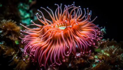 Fototapeta premium Multi colored clown fish swim in coral reef generated by AI