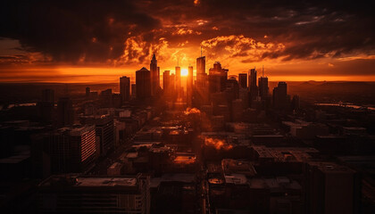 Illuminated skyscrapers silhouette city skyline at dusk generated by AI