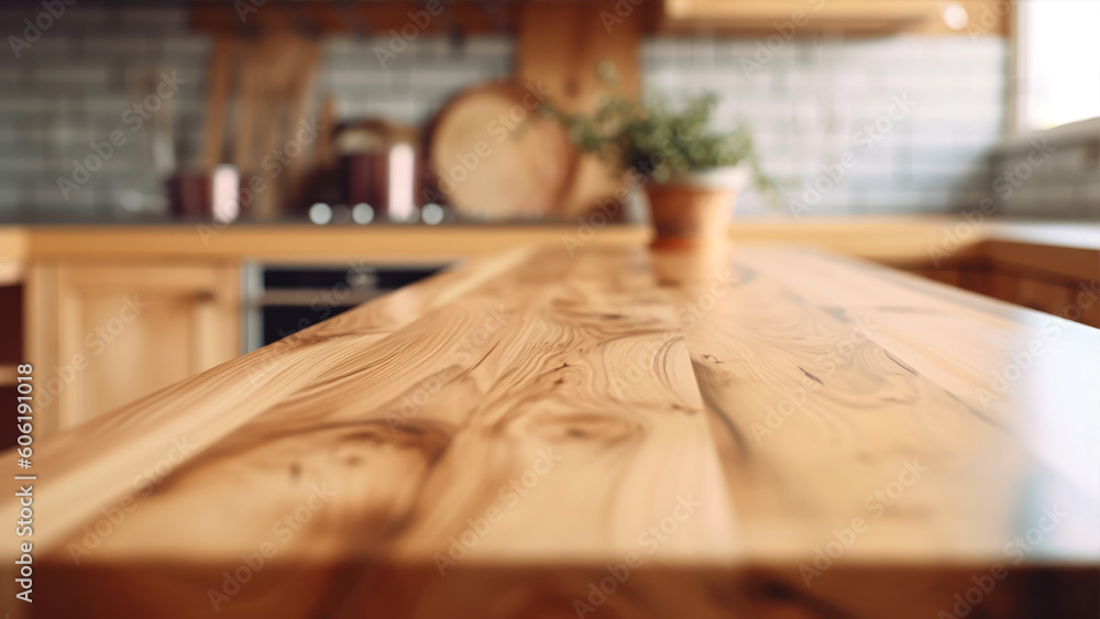 Aufkleber empty wooden table in modern kitchen, blur background with bokeh generative ai