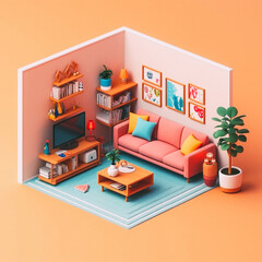 3D cute isometric living room - created with Generative AI technology