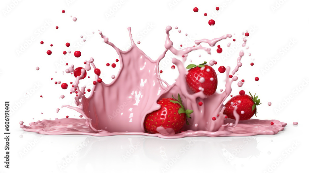 Poster strawberry milk splash isolated on white background. 3d rendering generative ai