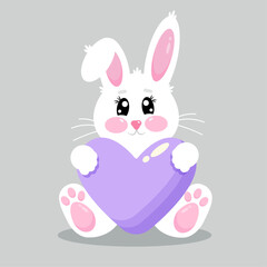 Happy cute funny kawaii little bunny with purple heart