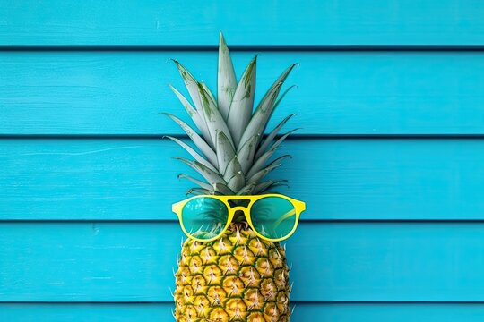pineapple with sunglasses with turquoise wall Generative AI