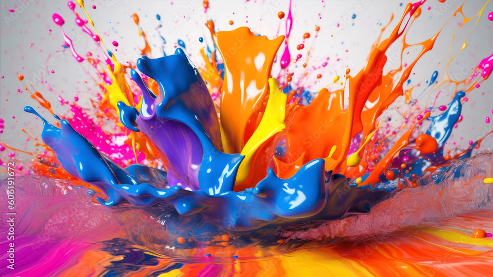 Poster colorful paint splashes isolated on white background. 3d rendering generative ai
