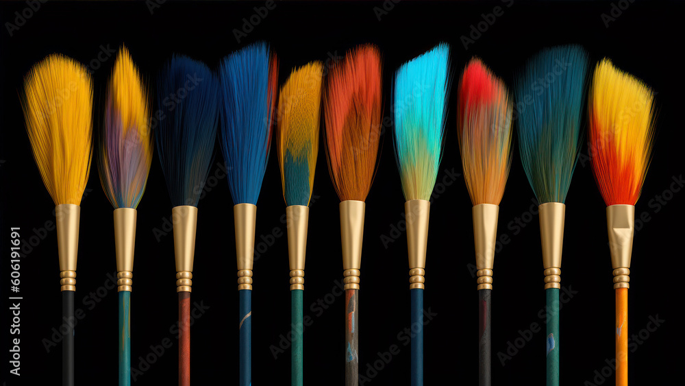 Poster set of paint brushes isolated on black background. 3d rendering. generative ai