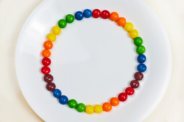 Rainbow skittles on white plate in colorful circle