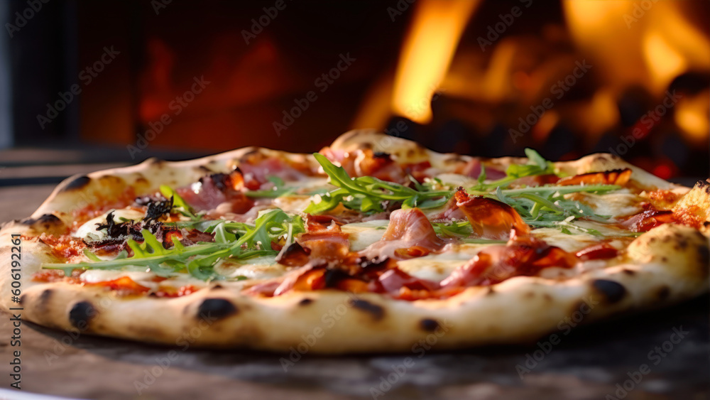 Aufkleber pizza with prosciutto and arugula on a black background generative ai