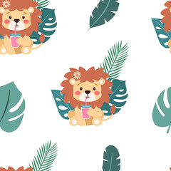 Cute summer pattern with a lion cub drinking a smoothie
