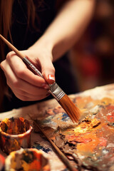 close up of a artist hand painting with brush