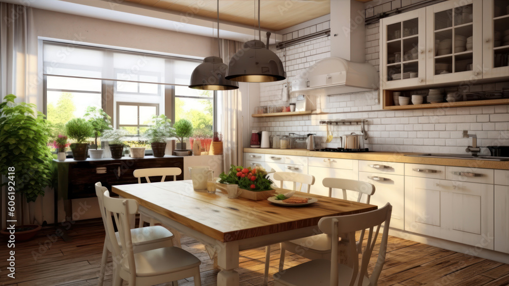 Poster 3d rendering of a modern kitchen in a loft style with wooden floor generative ai