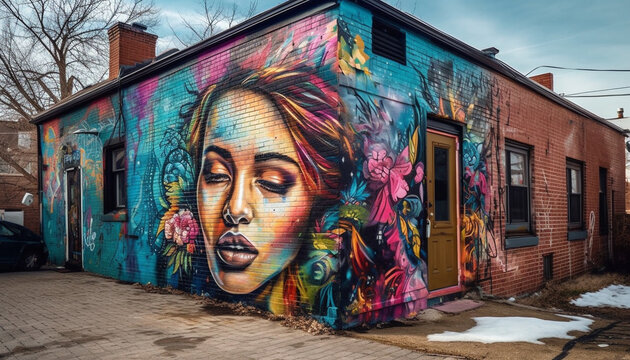 Colorful city murals depict vibrant urban culture generated by AI