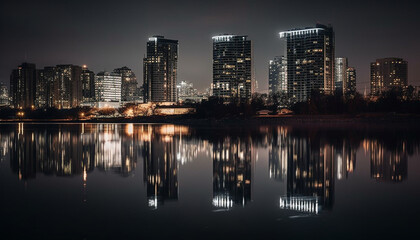 Fototapeta na wymiar Glowing cityscape reflects on tranquil waterfront pond generated by AI