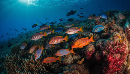 Fototapeta na wymiar Multi colored school of fish swim in reef generated by AI
