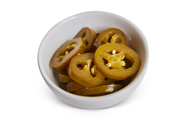 Jalapenos pickled small white petri dish stacked food in bowl plain background asset