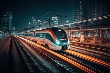 Obraz na płótnie Canvas High-speed futuristic train. The concept of modern public transport and travel. AI generated, human enhanced