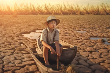 Fototapeta na wymiar A boy at the former shore with a dried pond and a boat. Climate change concept. AI generated, human enhanced.