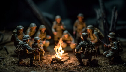 Fototapeta premium Toy soldiers in battle, armed forces clash generated by AI