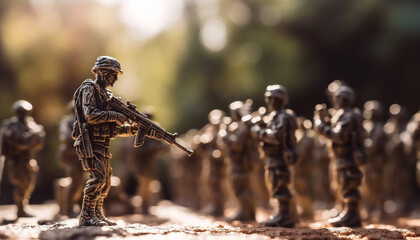 Fototapeta premium Toy soldiers in a row, ready for battle generated by AI
