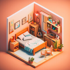 3D cute isometric bedroom - created with Generative AI technology