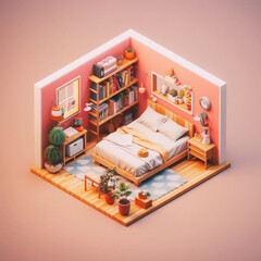 3D cute isometric bedroom - created with Generative AI technology