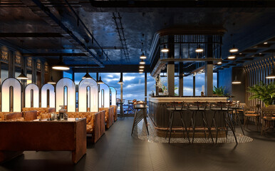 Restaurant cafe bar interior, 3d render.