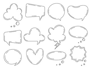 Fototapeta premium Bubbles speech set. Design elements for comics. Communication and interaction between characters. Blank clouds and empty space for text. Linear flat vector collection isolated on white background