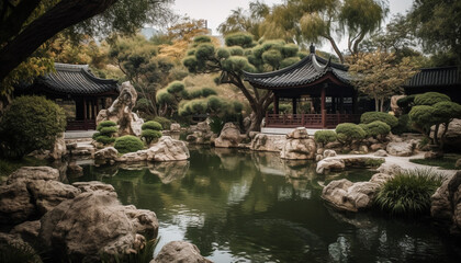 Fototapeta premium Ancient pagoda reflects beauty in tranquil pond generated by AI